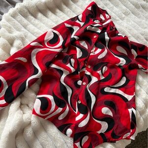 Vibrant Red and Black Swirl Button-Up Shirt